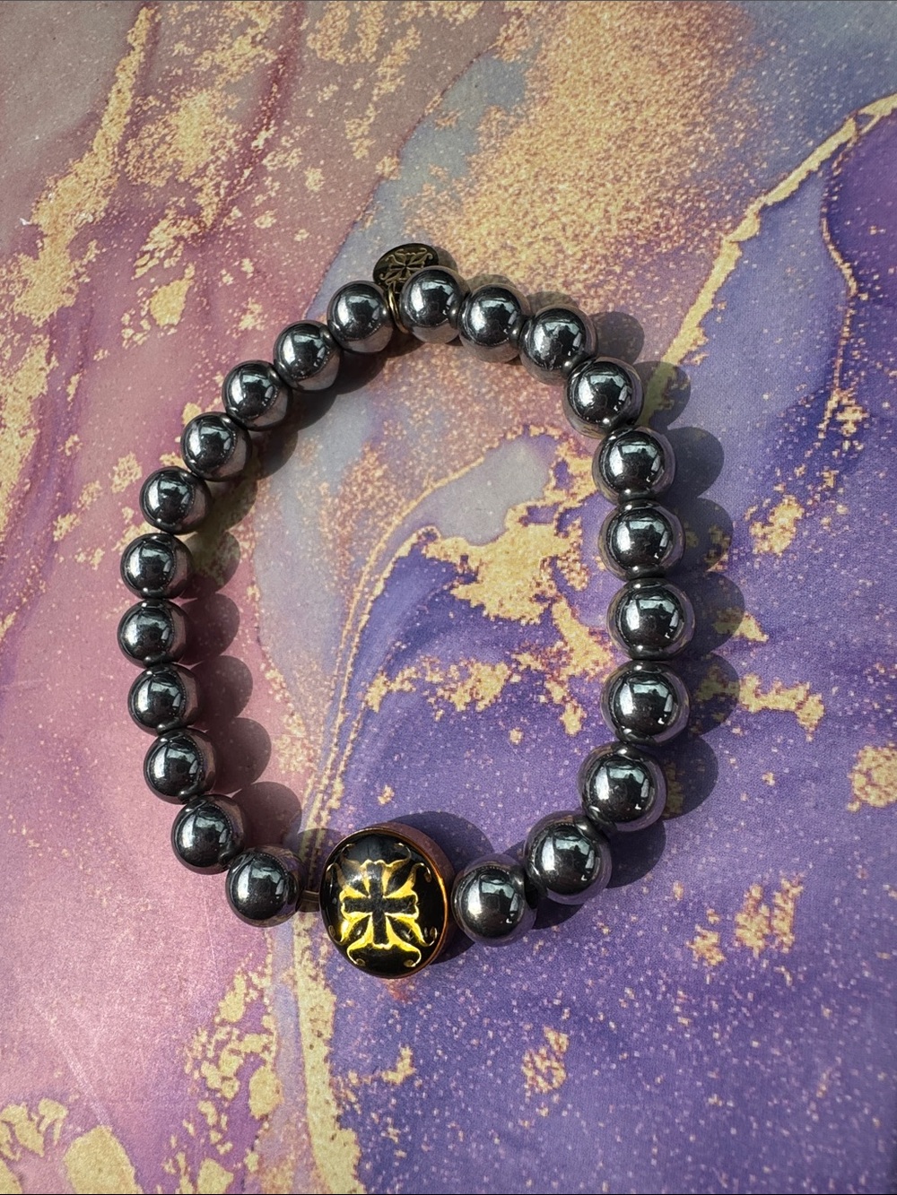 Rustic Cuff Hematite Bead Bracelet with Black & Gold Accent